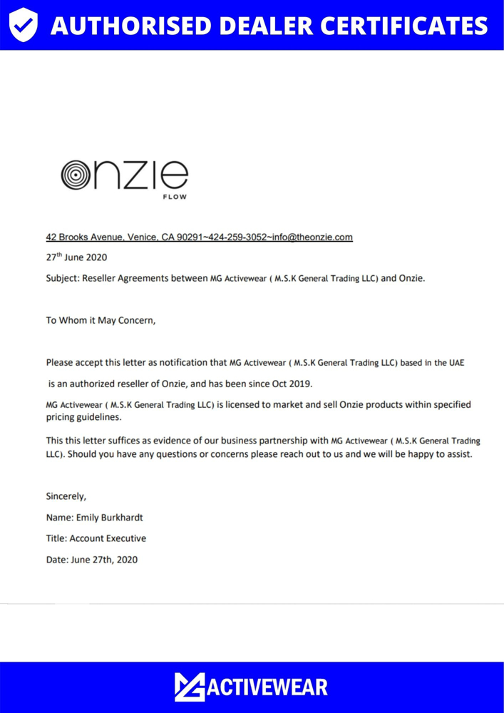 Onzie Yoga Wear Certificate